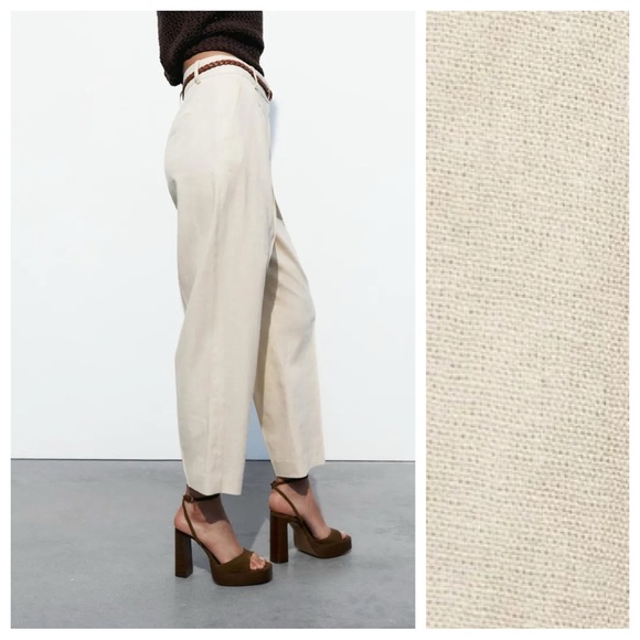 NWT. Zara Beige Linen Blend Belted Straight Leg Braided Belt Pants. Size S. - Picture 4 of 12